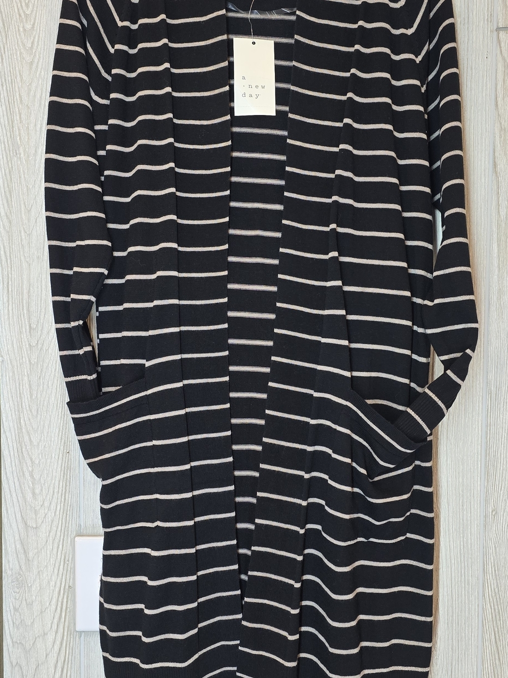a new day Black & Cream Striped Open-Front Women's Sweater